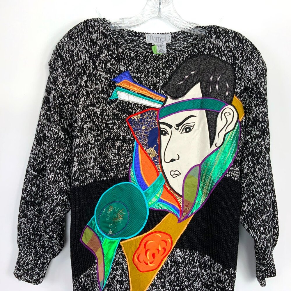 Vintage Nannell Women's  Asian Motif Glam Black / Lurex  Hand Knit Sweater Sz M